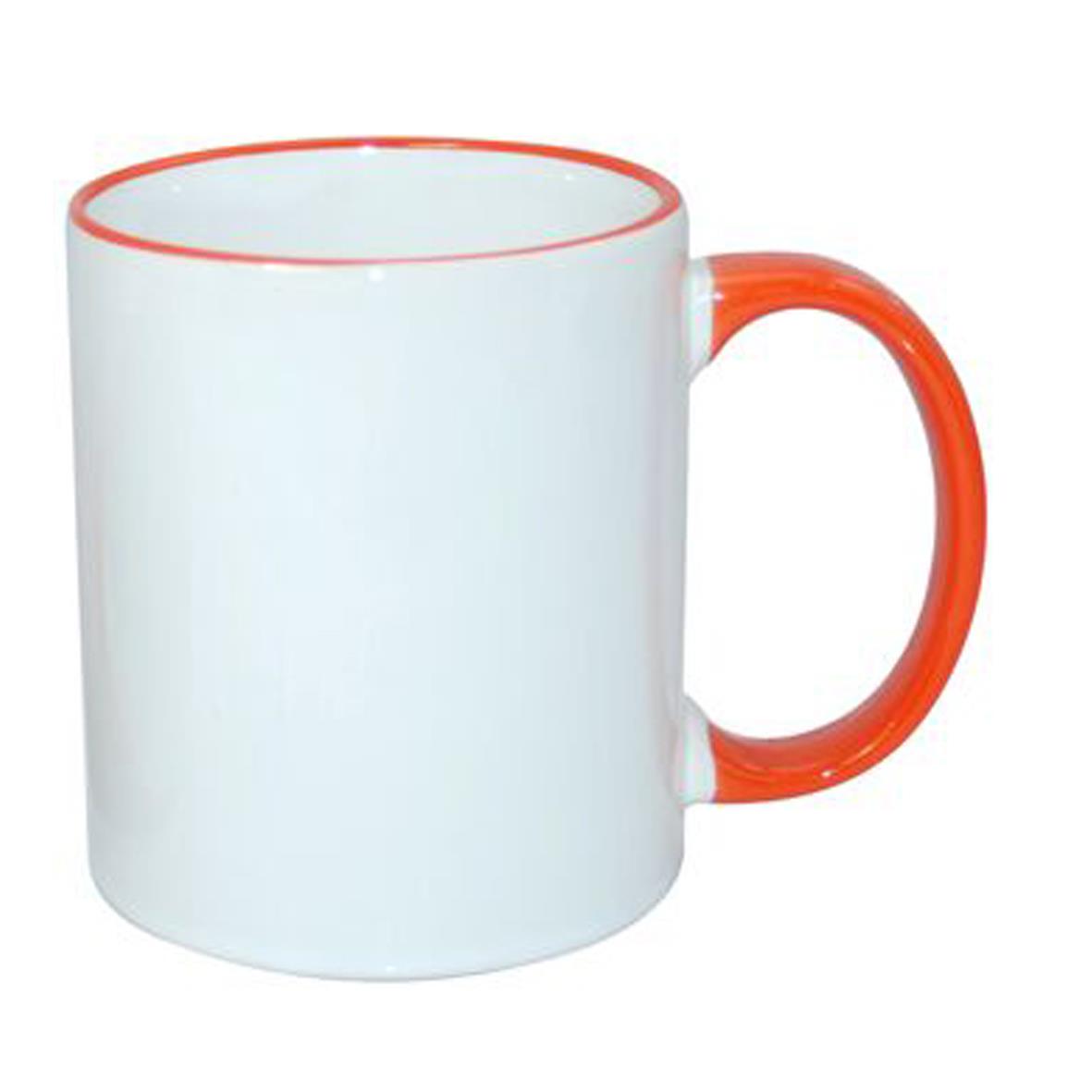 Sublimok mit farbigem Rand und Henkel 30 cl in Orange, weißer Sublimationsbecher mit farbigem Rand und Henkel